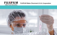 FUJIFILM Wako Chemicals logo and scientist examining a sample