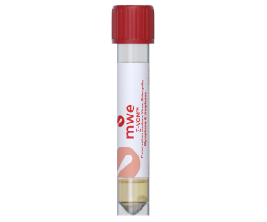 Red capped vial holding 1ml of yellow transport media