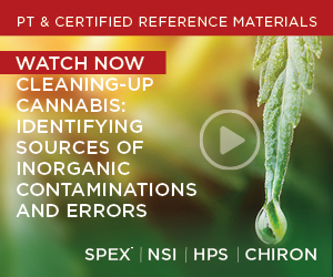 Cannabis leaf with droplet on along with play button and text promoting cannabis testing webinar